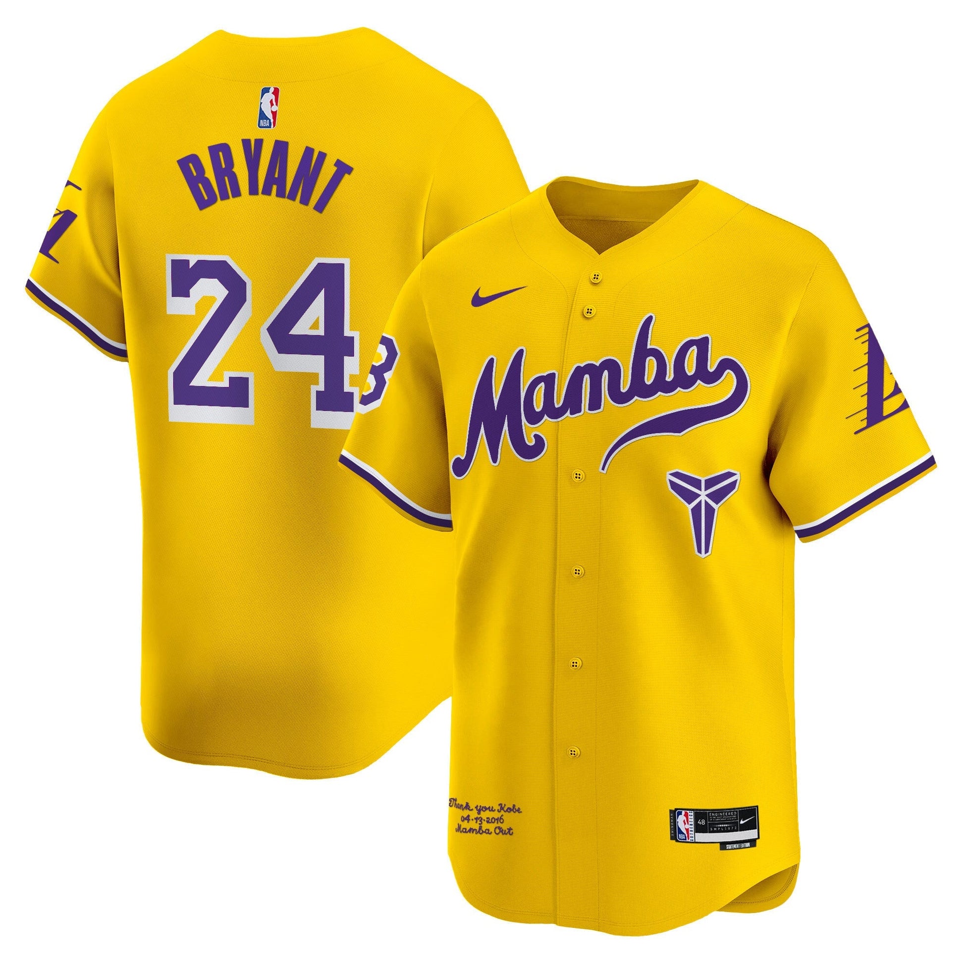 Men's Los Angeles Lakers Kobe Bryant Mamba Vapor Baseball Jersey - All Stitched