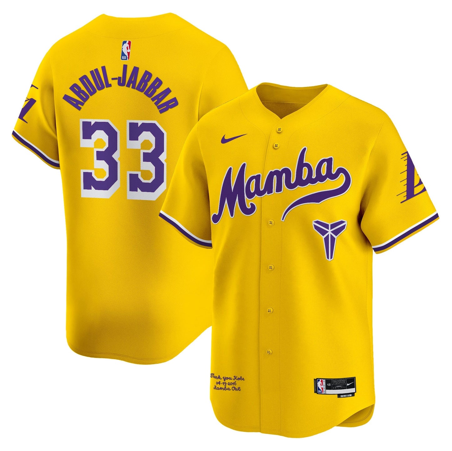 Men's Los Angeles Lakers Kobe Bryant Mamba Vapor Baseball Jersey - All Stitched