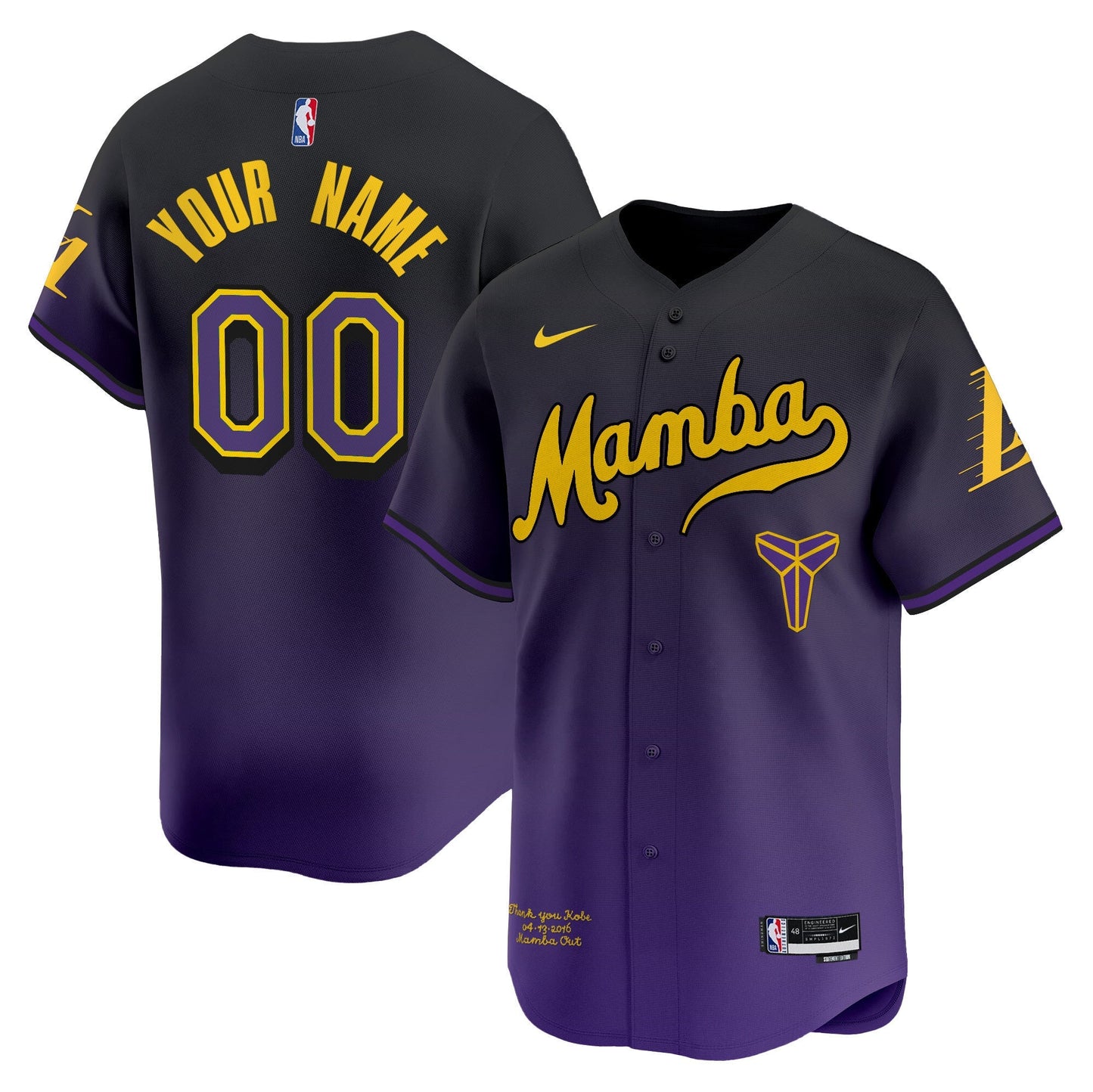 Los Angeles Lakers Kobe Bryant Mamba Vapor Baseball Custom Jersey - All Stitched