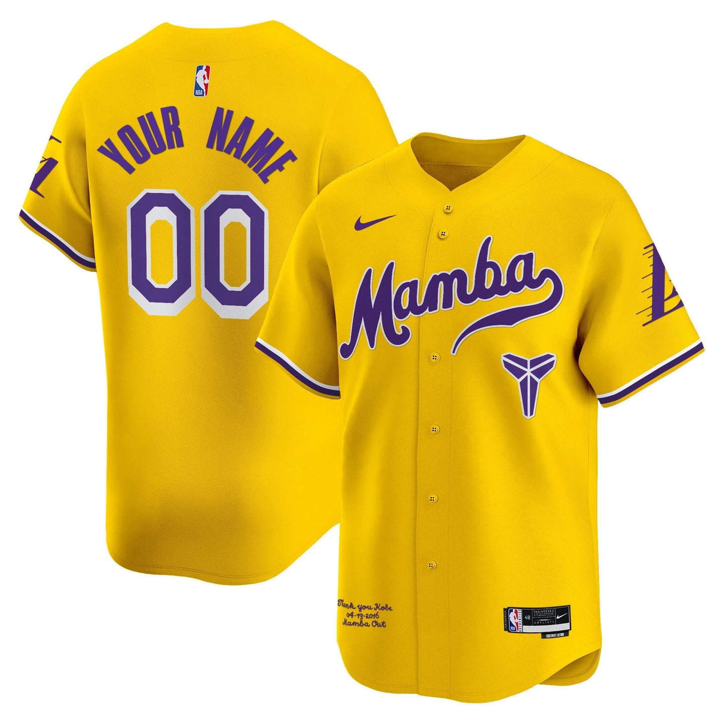 Los Angeles Lakers Kobe Bryant Mamba Vapor Baseball Custom Jersey - All Stitched