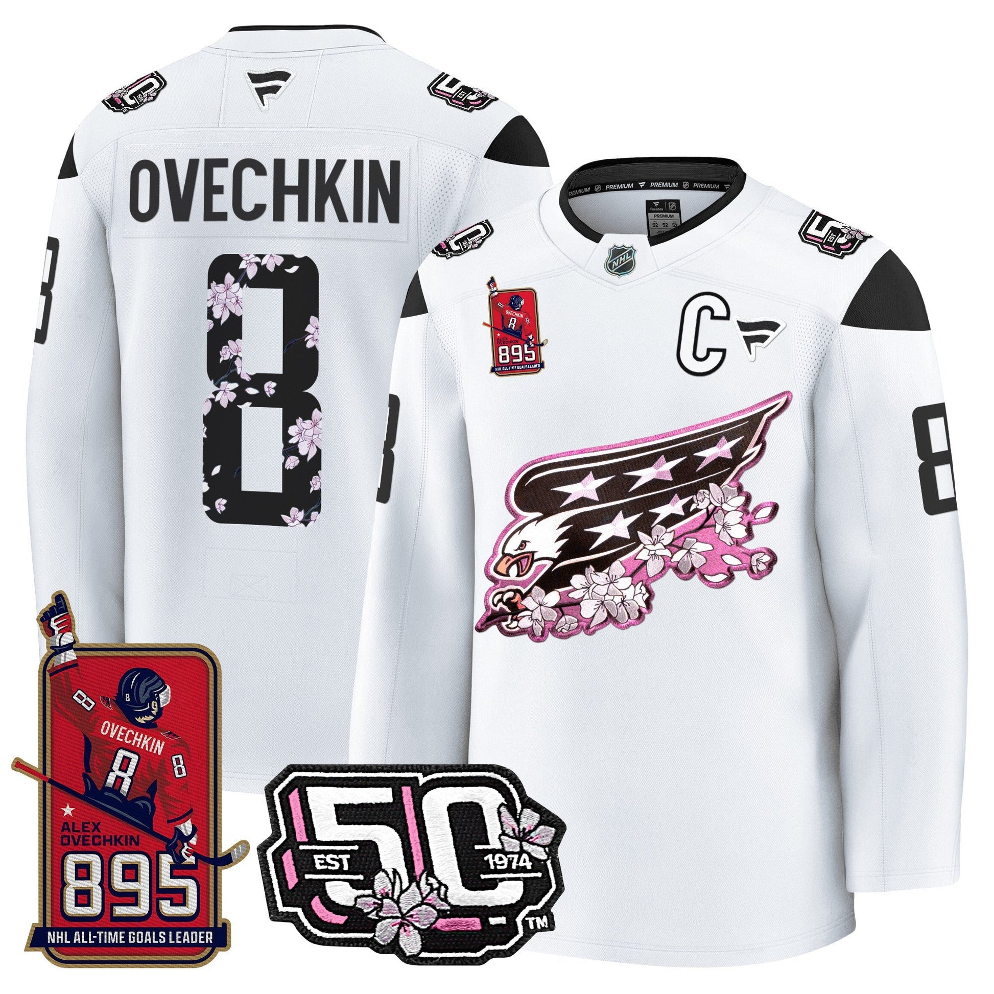 Ovechkin Washington Capitals All-Time Leading Goals Leader Patch Cherry Blossom Premium Jersey - All Stitched