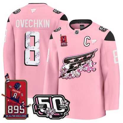 Ovechkin Washington Capitals All-Time Leading Goals Leader Patch Cherry Blossom Premium Jersey - All Stitched