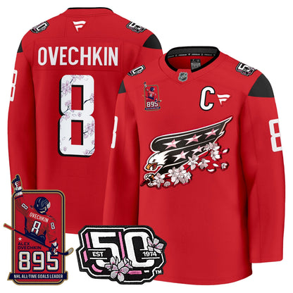 Ovechkin Washington Capitals All-Time Leading Goals Leader Patch Cherry Blossom Premium Jersey - All Stitched