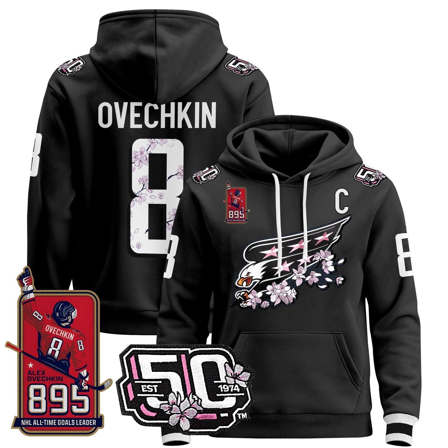 Ovechkin Washington Capitals All-Time Leading Goals Leader Patch Cherry Blossom Pullover Hoodie - All Stitched