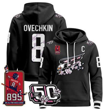 Ovechkin Washington Capitals All-Time Leading Goals Leader Patch Cherry Blossom Pullover Hoodie - All Stitched
