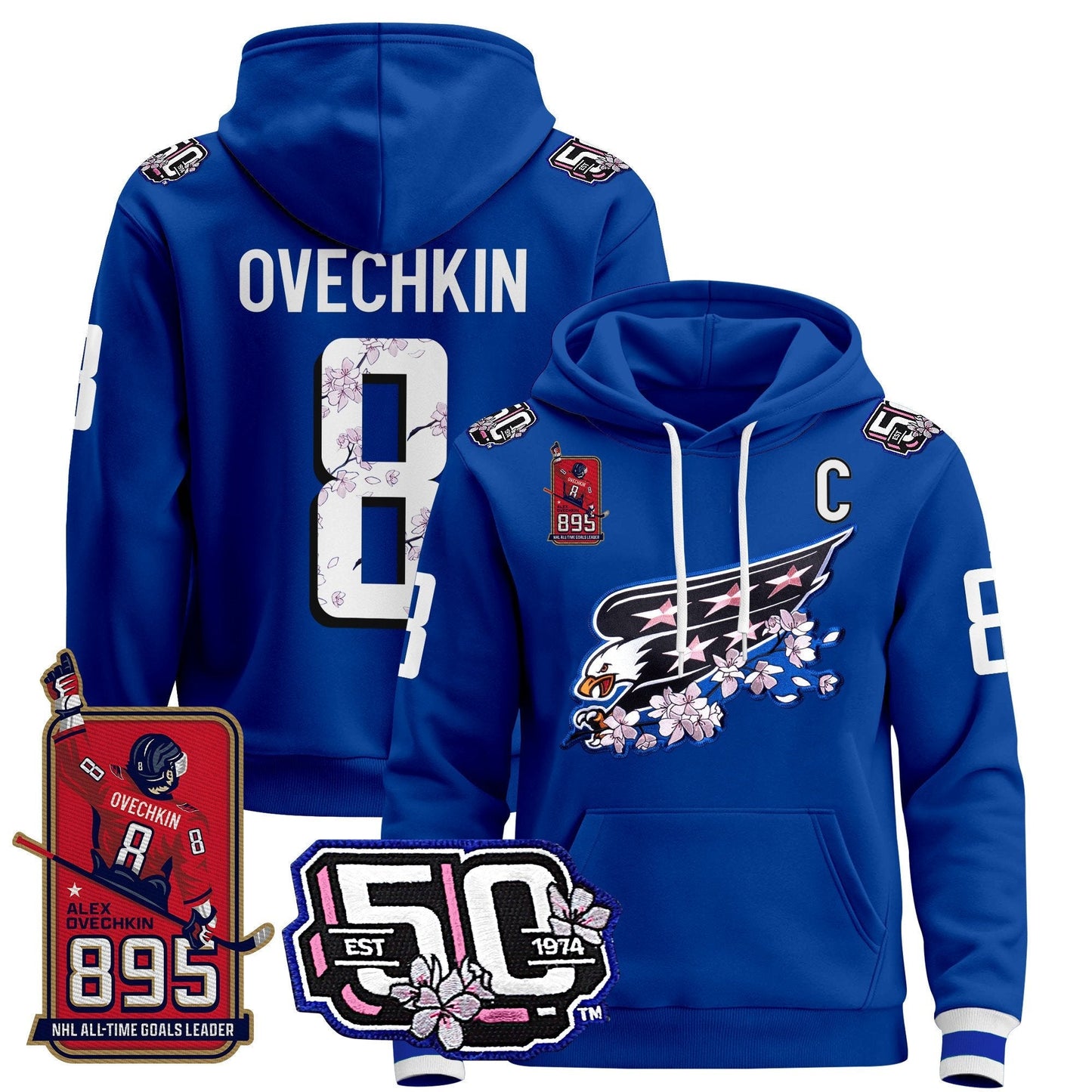 Ovechkin Washington Capitals All-Time Leading Goals Leader Patch Cherry Blossom Pullover Hoodie - All Stitched