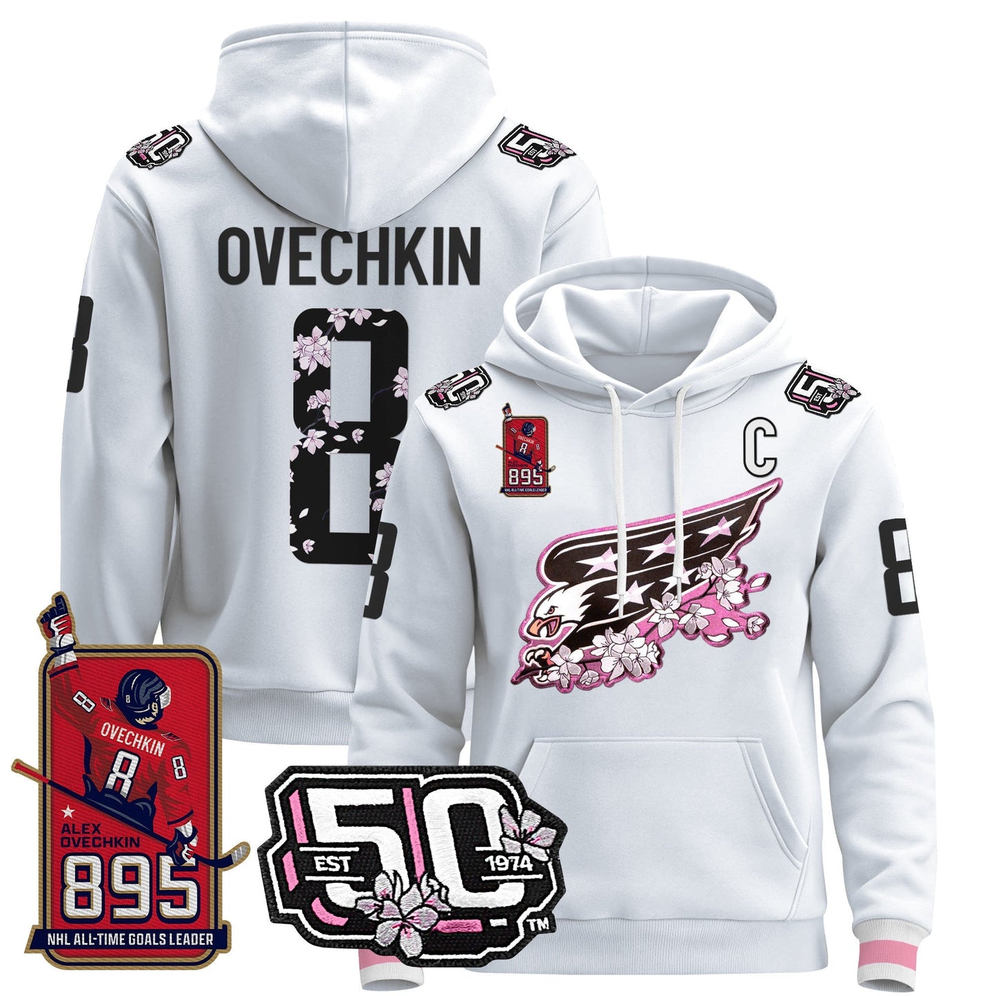Ovechkin Washington Capitals All-Time Leading Goals Leader Patch Cherry Blossom Pullover Hoodie - All Stitched