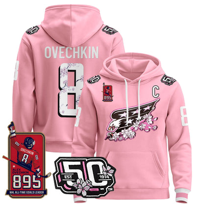 Ovechkin Washington Capitals All-Time Leading Goals Leader Patch Cherry Blossom Pullover Hoodie - All Stitched