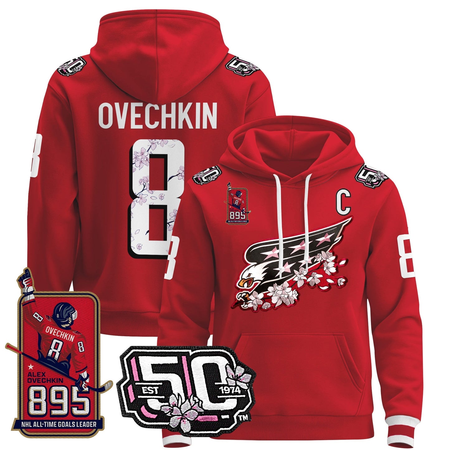 Ovechkin Washington Capitals All-Time Leading Goals Leader Patch Cherry Blossom Pullover Hoodie - All Stitched