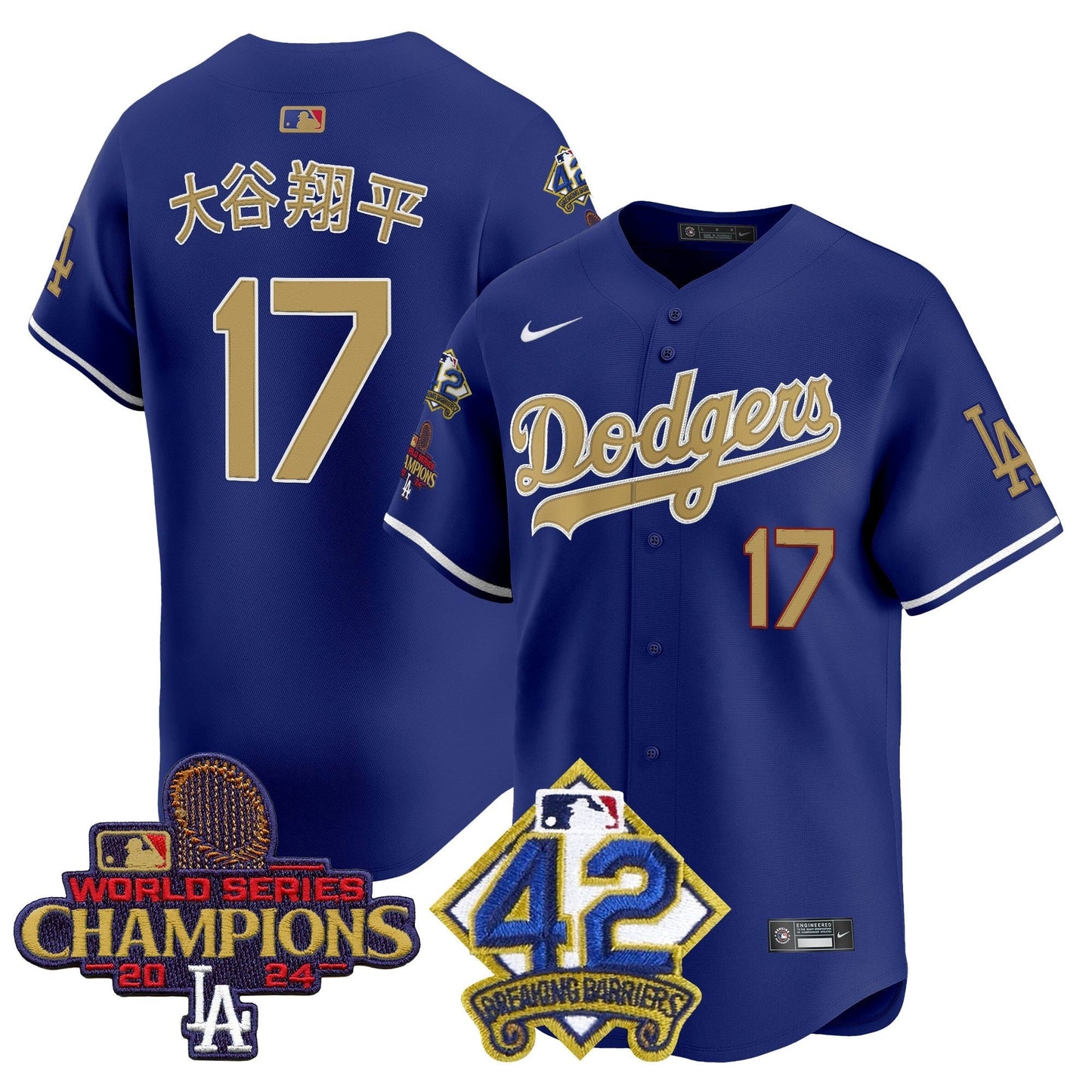 Men's Dodgers 2024 World Series Champions & Jackie Robinson Patch Vapor Premier Limited Jersey - All Stitched