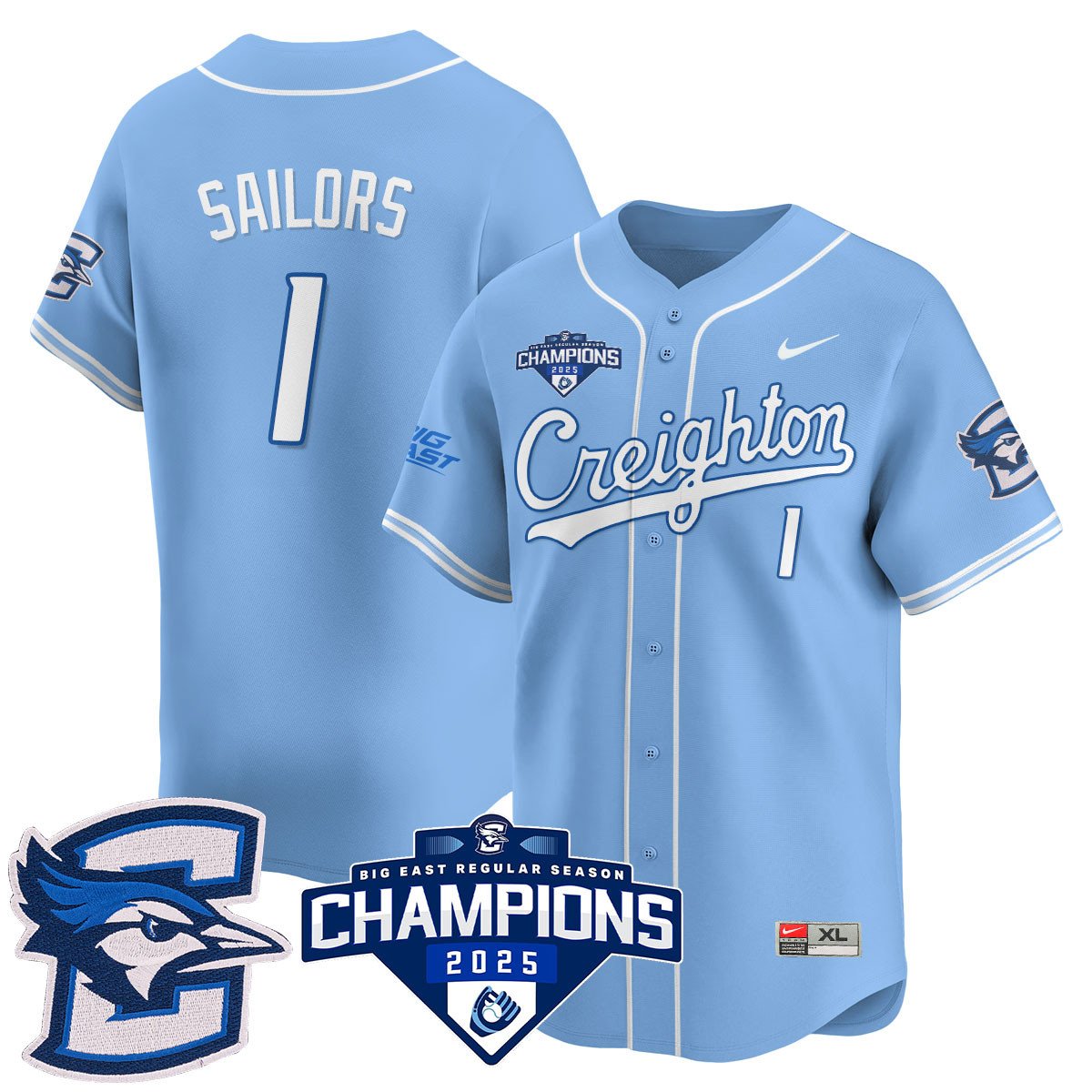Men's Creighton Baseball 2025 Big East Baseball Tournament Champions Jersey N1 - All Stitched