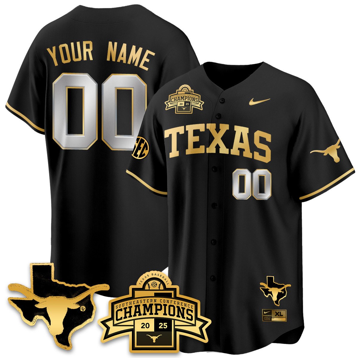 Custom Texas Baseball 2025 Southeastern Conference Champions Jersey - All Stitched