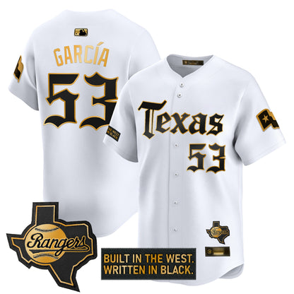 Men's Texas Rangers 'Gothic Frontier Edition' Gold Vapor Premier Limited Jersey - All Stitched