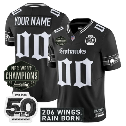 Custom SEA 2026 NFC West Champions 'Gothic Rain City Shadows Edition' Jersey - 50th Anniversary Patch - All Stitched