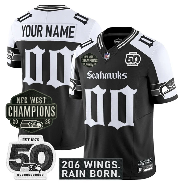 Custom SEA 2026 NFC West Champions 'Gothic Rain City Shadows Edition' Jersey - 50th Anniversary Patch - All Stitched