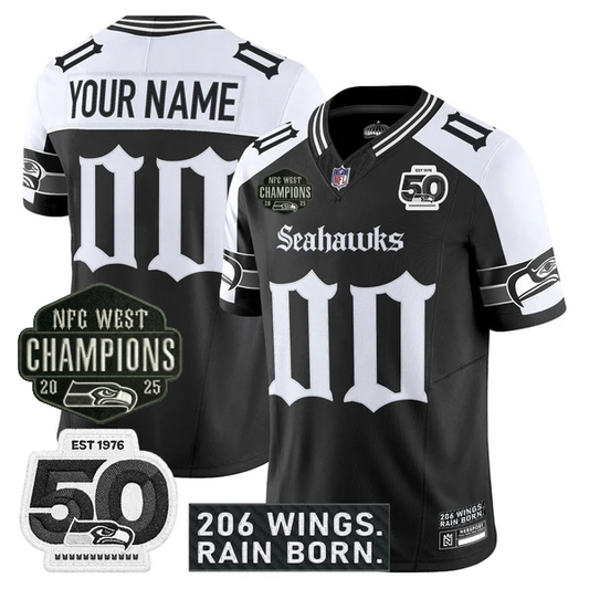 Custom SEA 2026 NFC West Champions 'Gothic Rain City Shadows Edition' Jersey - 50th Anniversary Patch - All Stitched
