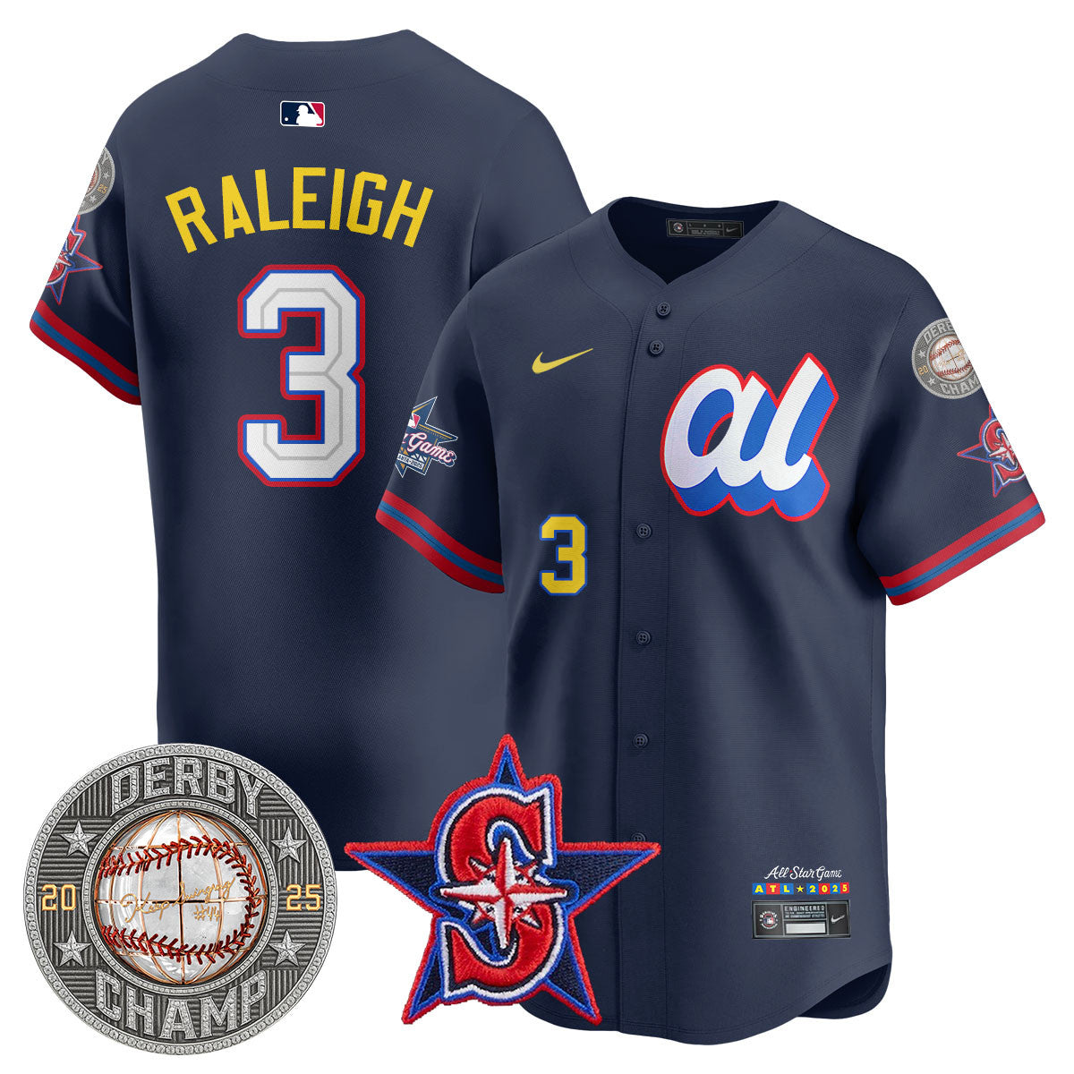 Men's Cal Raleigh HRDERBY Champion AL 2025 MLB All-Star Jersey V1 - All Stitched