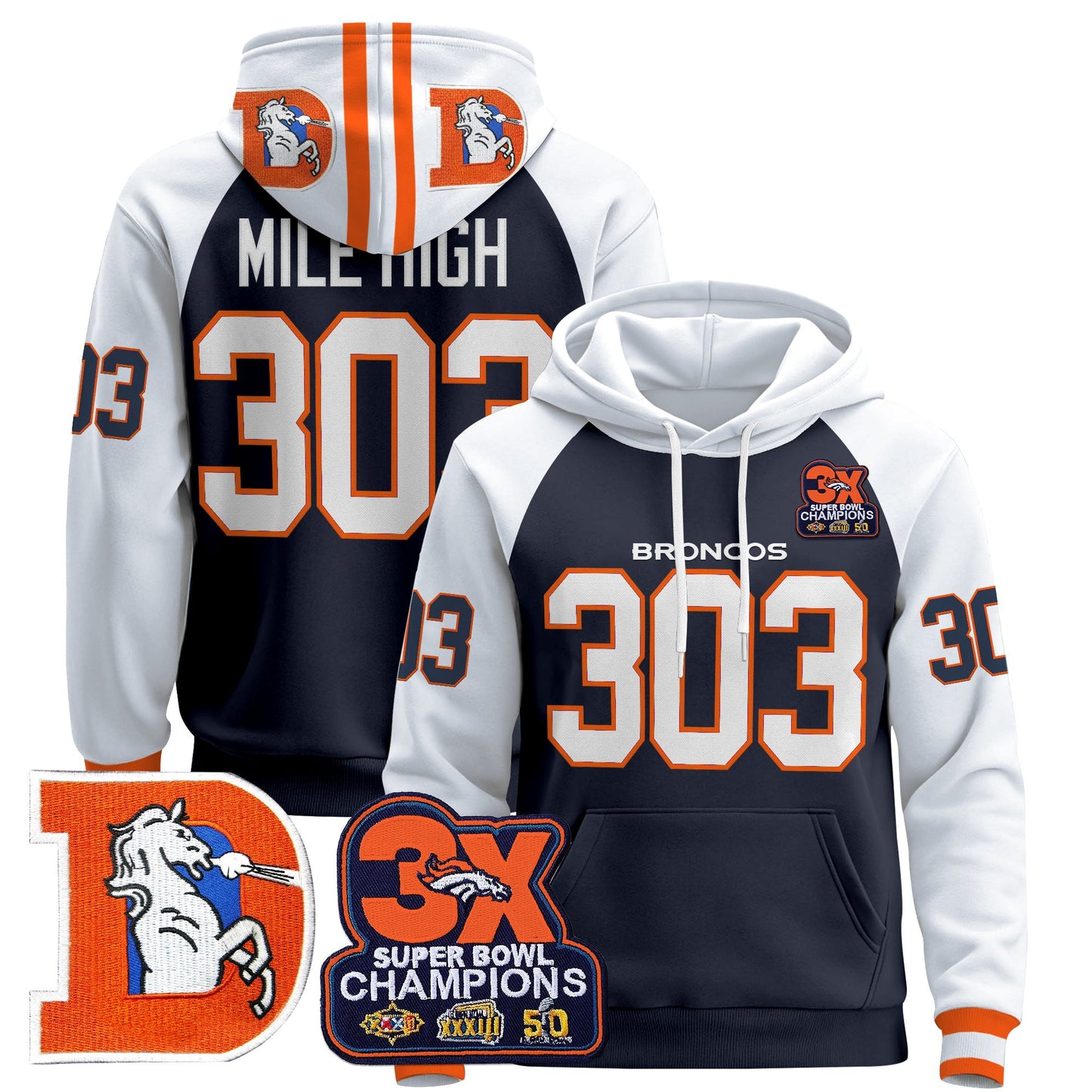 Men's Denver Broncos Throwback Premium Pullover Hoodie - All Stitched