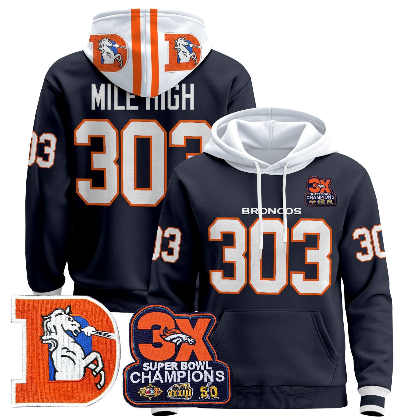Men's Denver Broncos Throwback Premium Pullover Hoodie - All Stitched
