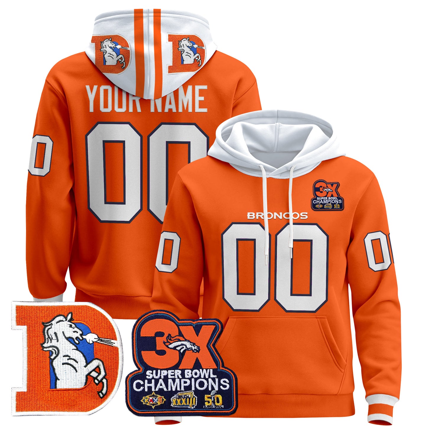 Denver Broncos Throwback Premium Custom Pullover Hoodie - All Stitched