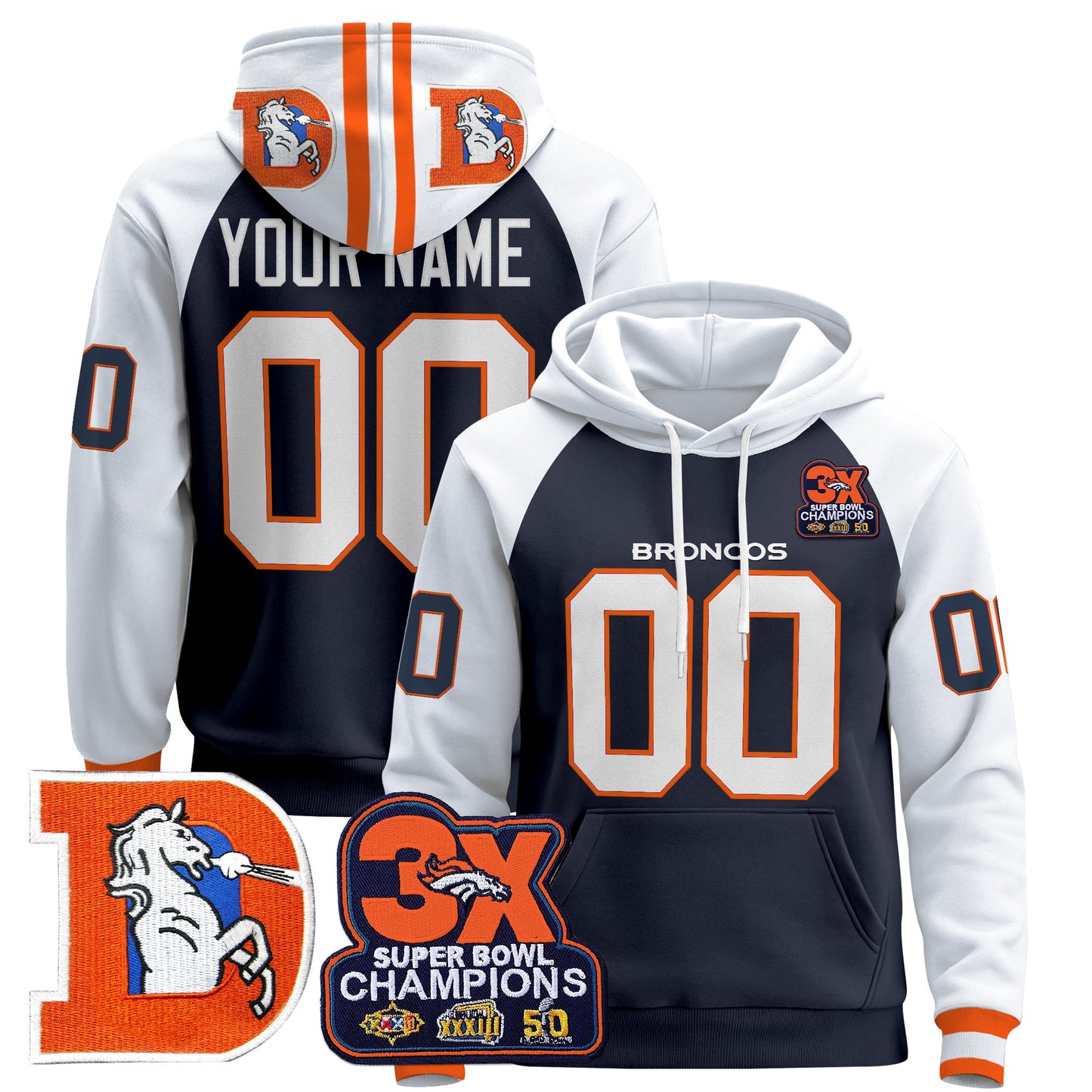 Denver Broncos Throwback Premium Custom Pullover Hoodie - All Stitched