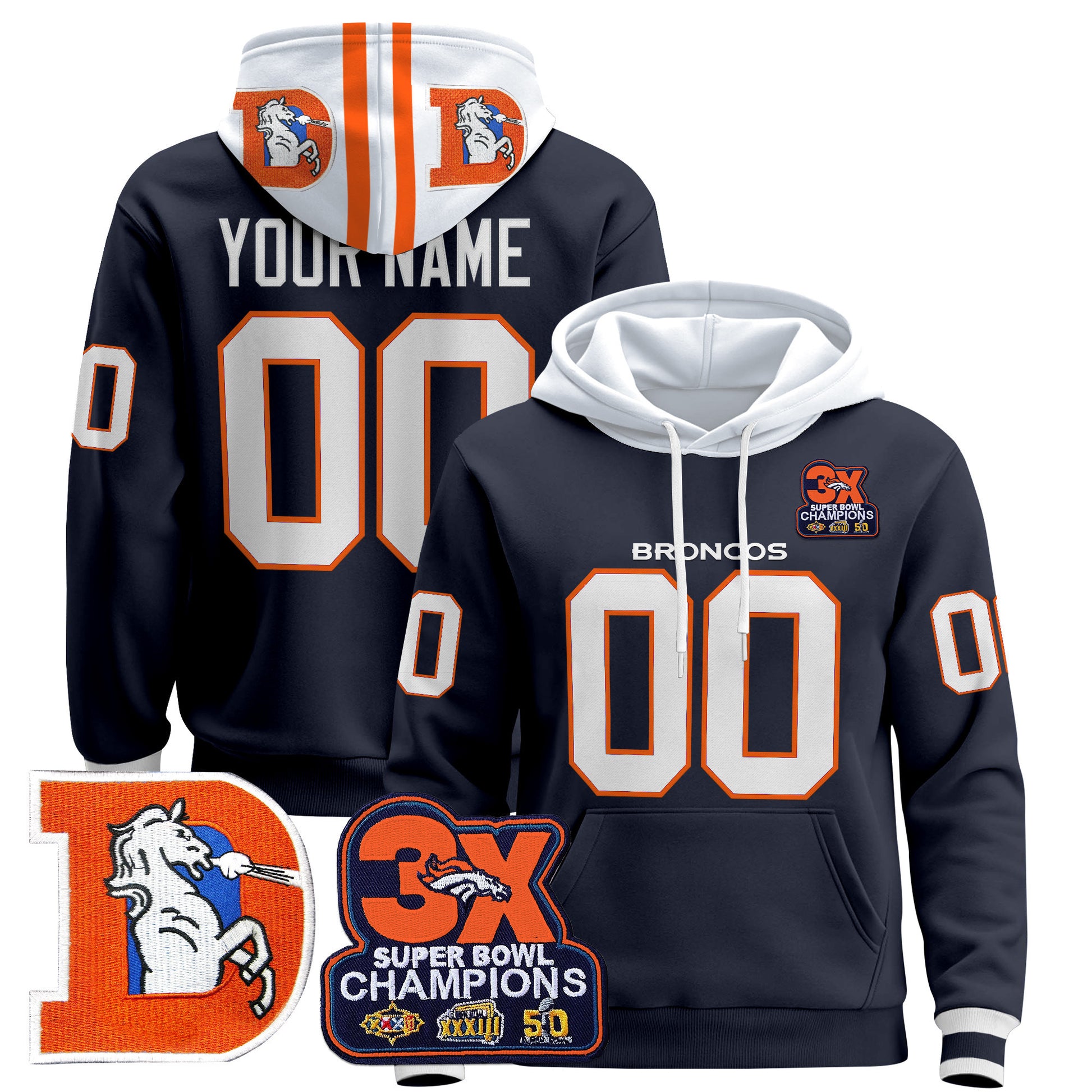 Denver Broncos Throwback Premium Custom Pullover Hoodie - All Stitched