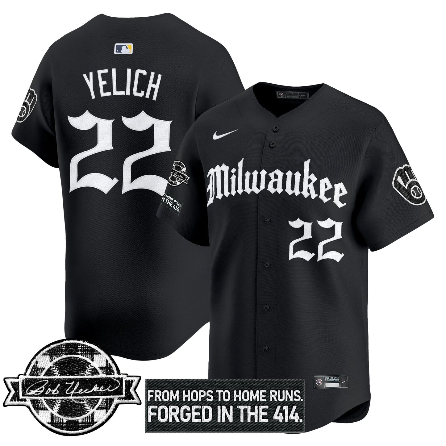 Men's Milwaukee Brewers Bob Uecker Patch Vapor Premier Limited Jersey - Gothic Edition - All Stitched