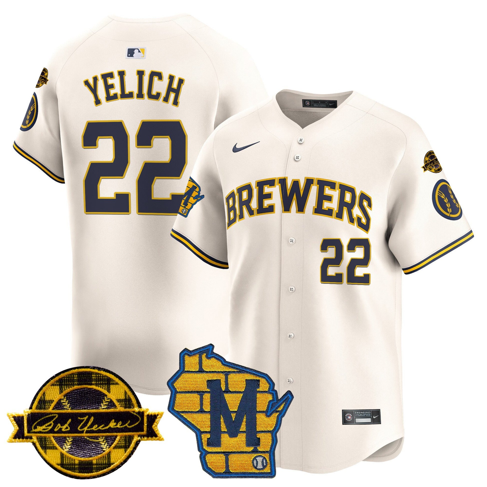 Men's Milwaukee Brewers Home & Bob Uecker Patch Vapor Premier Limited Jersey - All Stitched