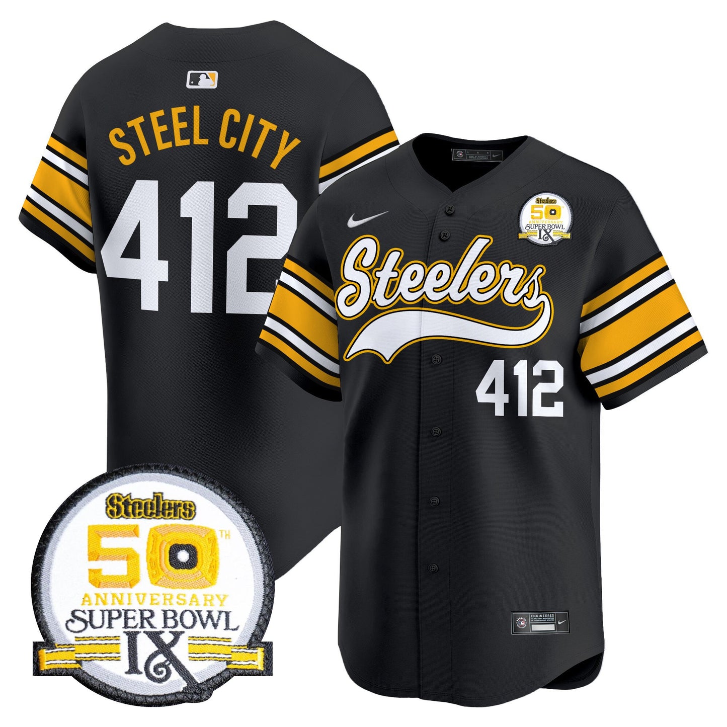 Men's Steelers 50th Anniversary Of Super Bowl IX Patch Vapor Premier Baseball Jersey - All Stitched