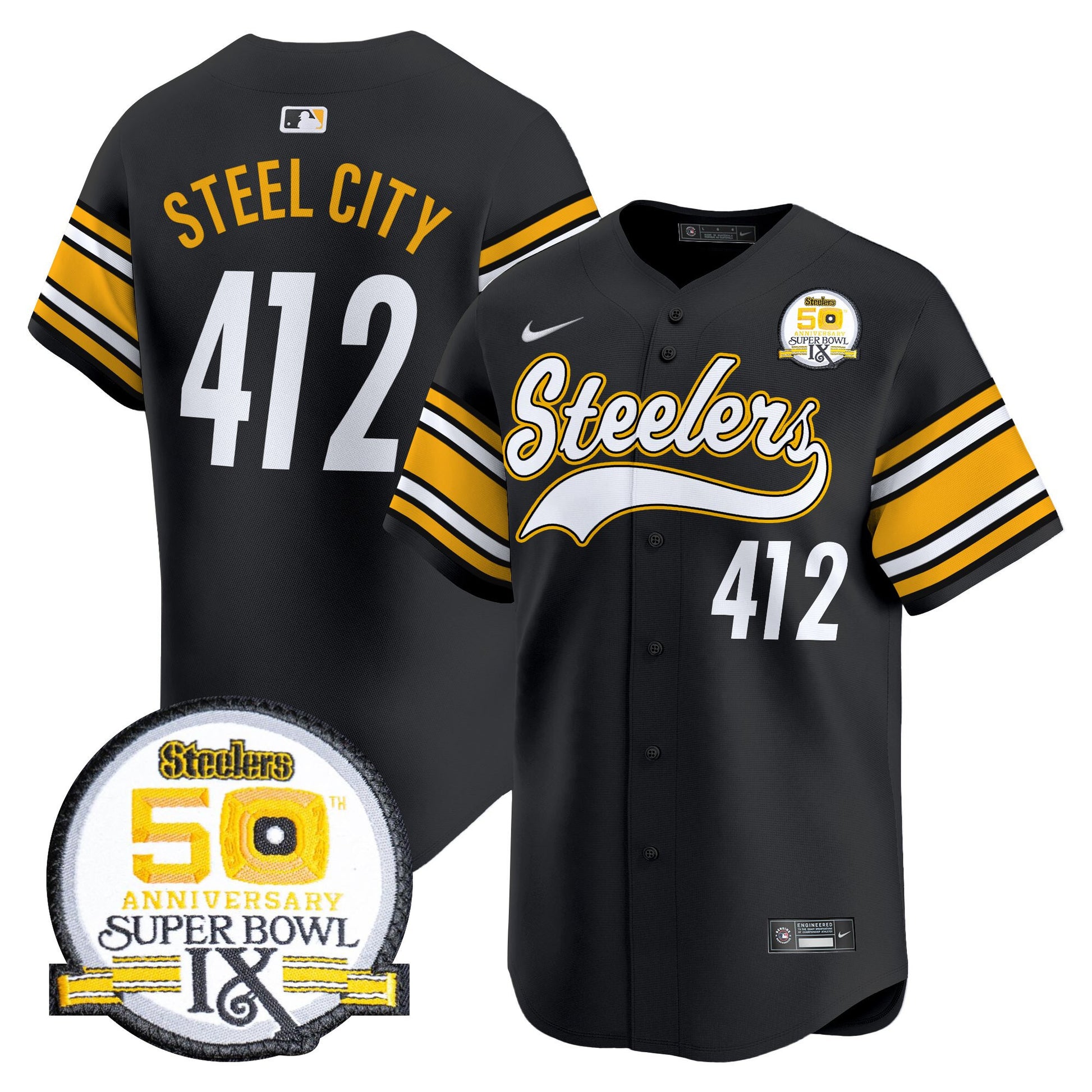 Men's Steelers 50th Anniversary Of Super Bowl IX Patch Vapor Premier Baseball Jersey - All Stitched