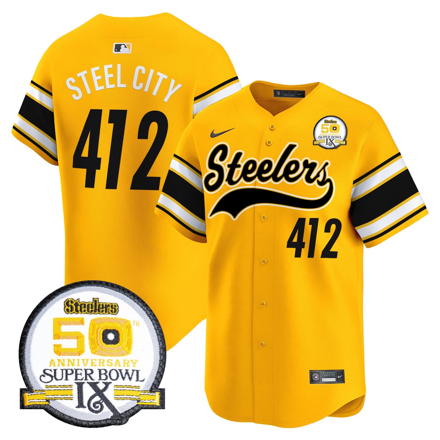 Men's Steelers 50th Anniversary Of Super Bowl IX Patch Vapor Premier Baseball Jersey - All Stitched