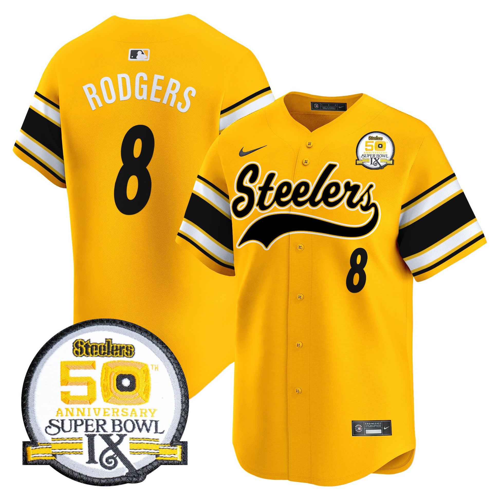 Men's Steelers 50th Anniversary Of Super Bowl IX Patch Vapor Premier Baseball Jersey - All Stitched