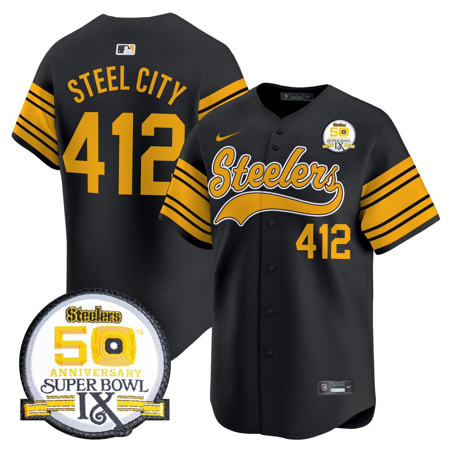Men's Steelers 50th Anniversary Of Super Bowl IX Patch Vapor Premier Baseball Jersey - All Stitched