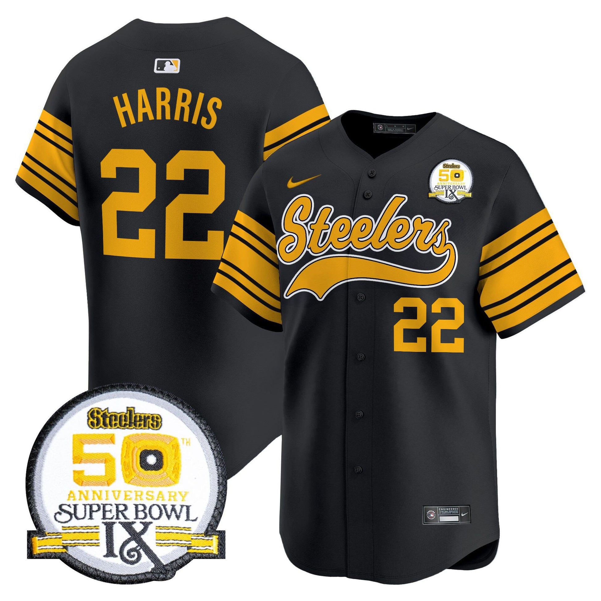 Men's Steelers 50th Anniversary Of Super Bowl IX Patch Vapor Premier Baseball Jersey - All Stitched