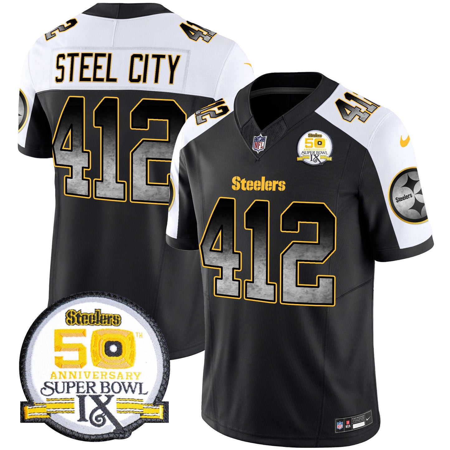 Men's Steelers Arch Smoke 50th Anniversary Of Super Bowl IX Patch Vapor Limited Jersey - All Stitched