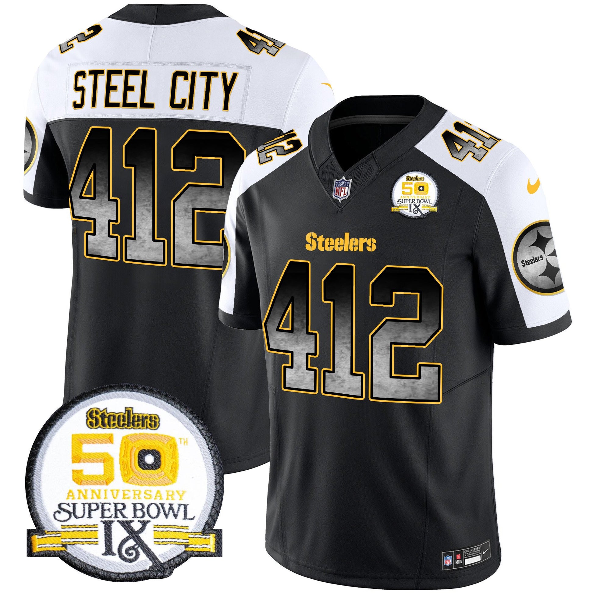 Men's Steelers Arch Smoke 50th Anniversary Of Super Bowl IX Patch Vapor Limited Jersey - All Stitched
