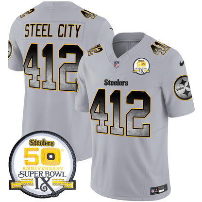 Men's Steelers Arch Smoke 50th Anniversary Of Super Bowl IX Patch Vapor Limited Jersey - All Stitched