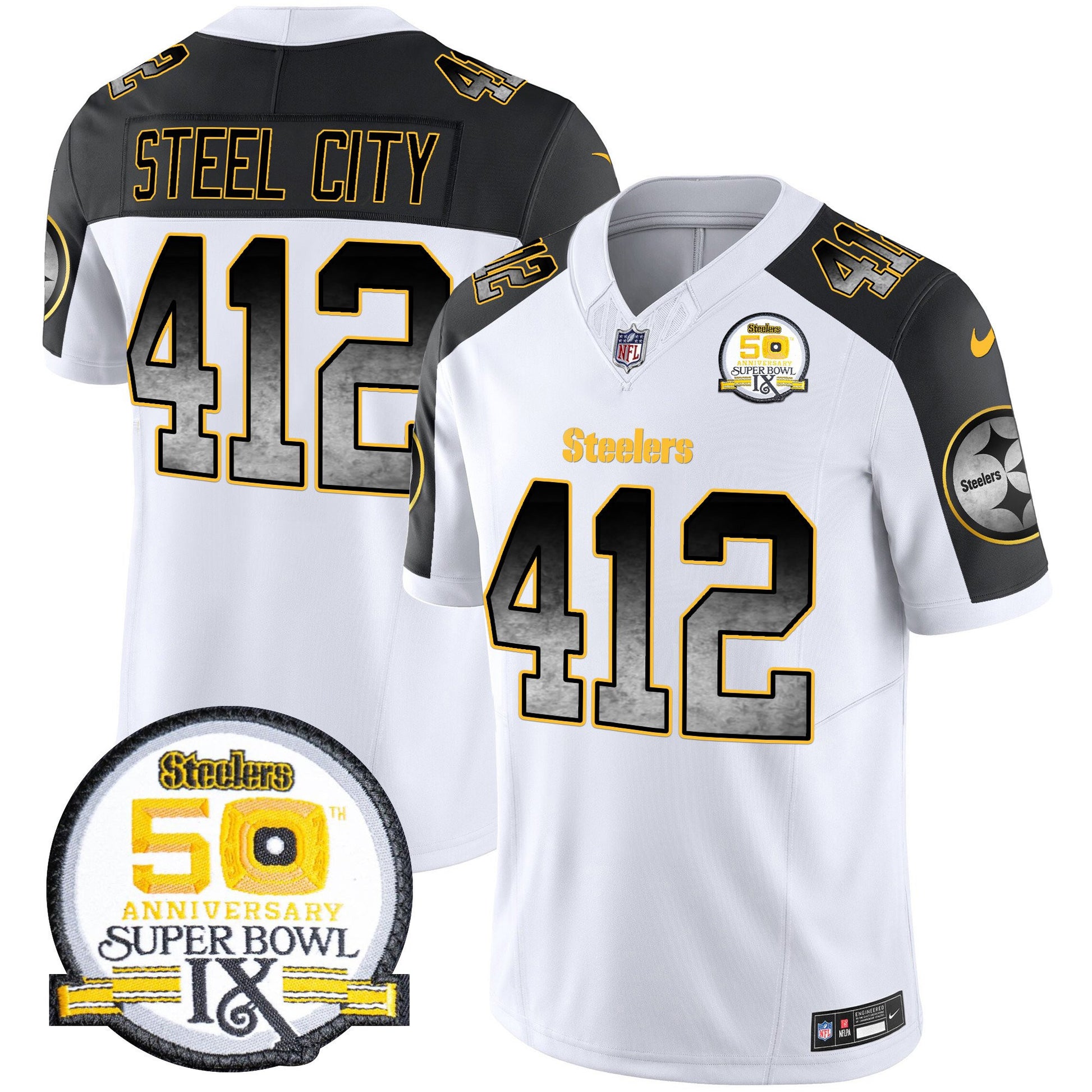 Men's Steelers Arch Smoke 50th Anniversary Of Super Bowl IX Patch Vapor Limited Jersey - All Stitched