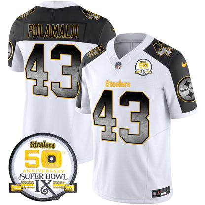 Men's Steelers Arch Smoke 50th Anniversary Of Super Bowl IX Patch Vapor Limited Jersey - All Stitched