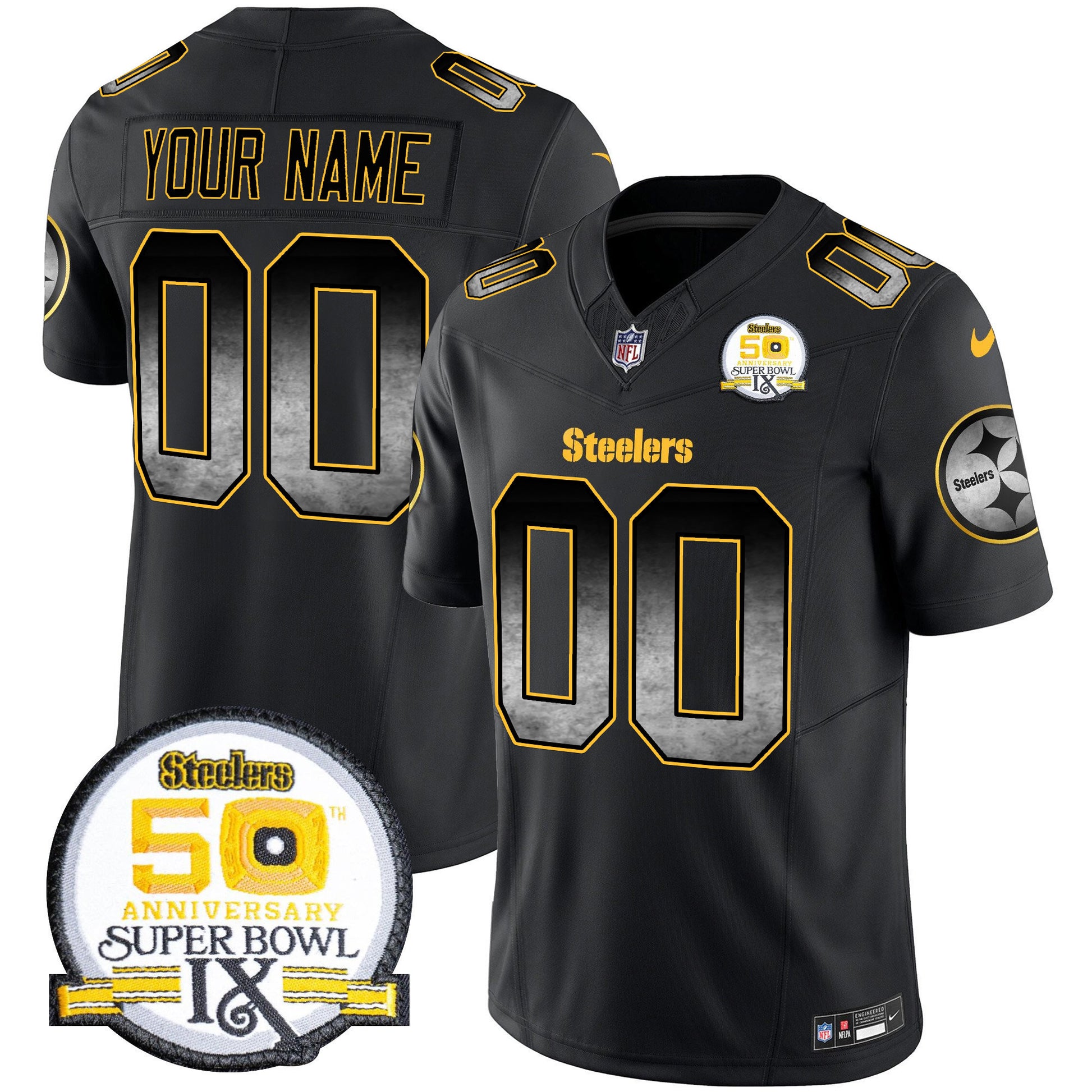 Steelers Arch Smoke 50th Anniversary Of Super Bowl IX Patch Vapor Limited Custom Jersey - All Stitched