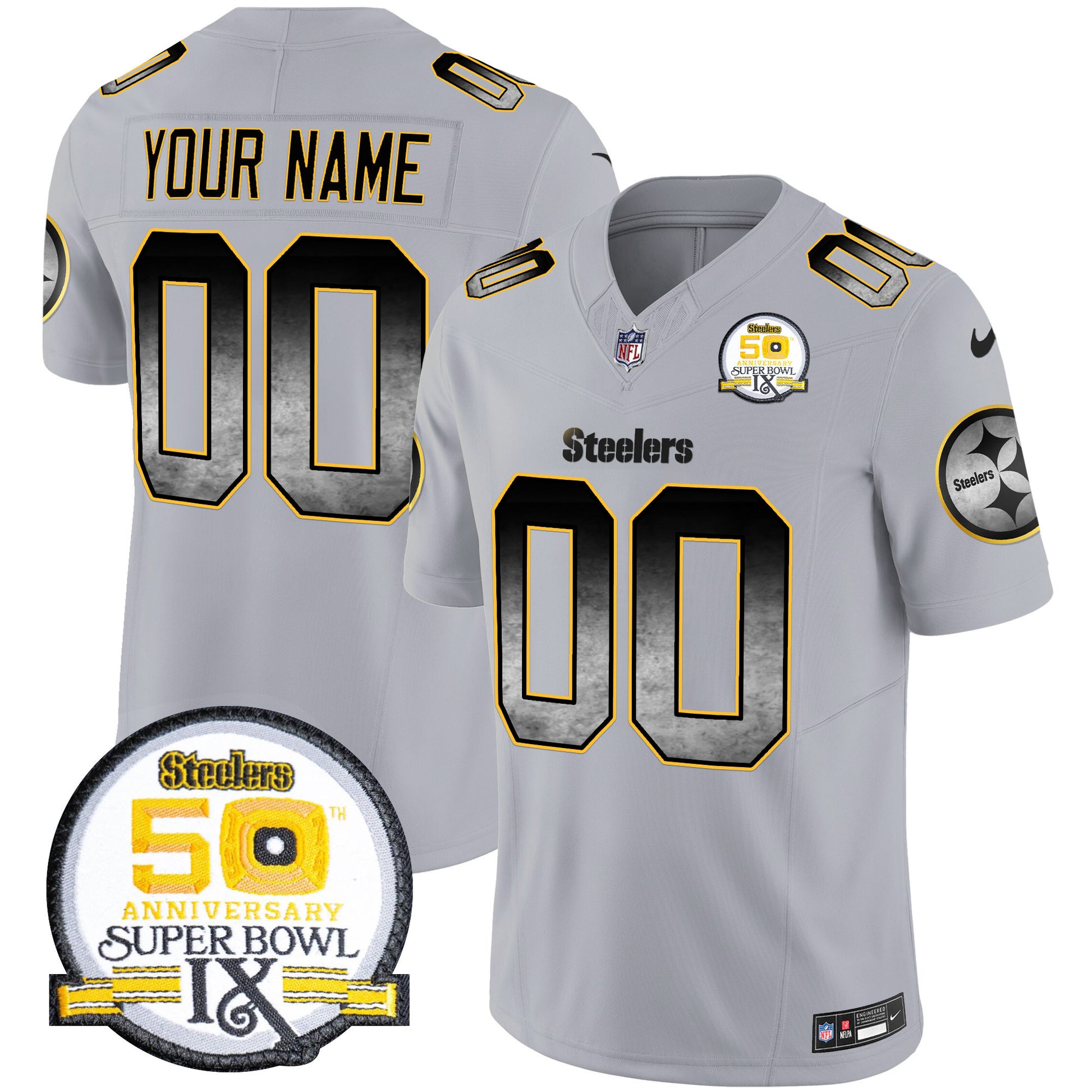 Steelers Arch Smoke 50th Anniversary Of Super Bowl IX Patch Vapor Limited Custom Jersey - All Stitched