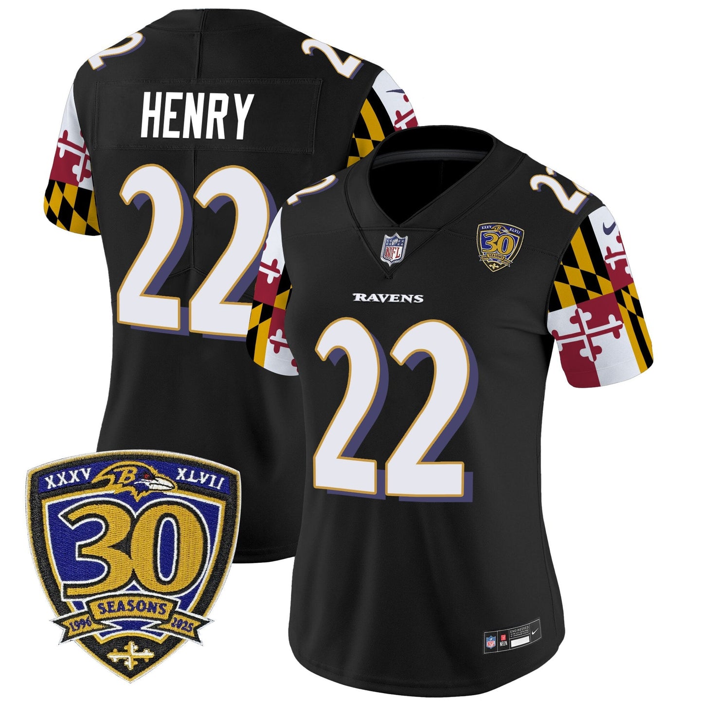 Women's Baltimore Ravens 'Maryland Flag Edition' Vapor Limited Jersey - 30th Anniversary Patch - All Stitched