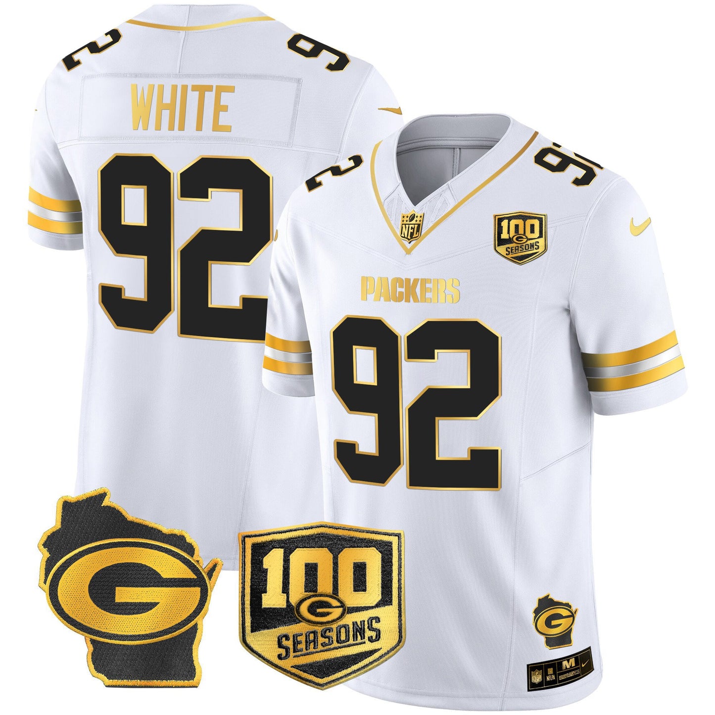 Men's Green Bay Packers 100th Season & Home Patch Gold Vapor Limited Jersey – All Stitched