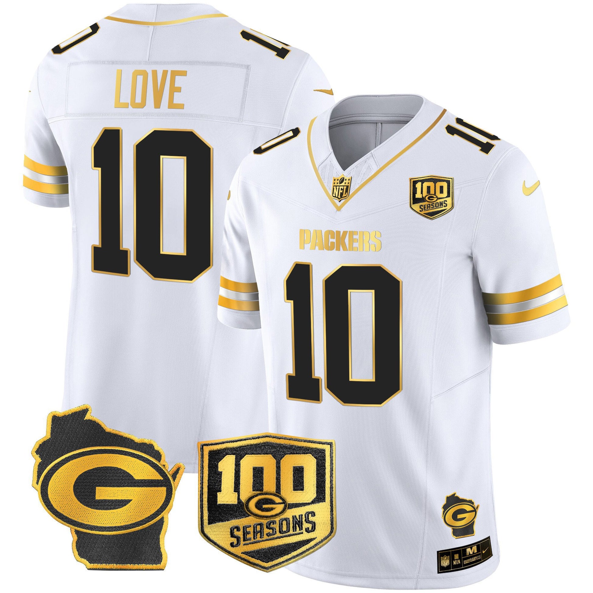 Men's Green Bay Packers 100th Season & Home Patch Gold Vapor Limited Jersey – All Stitched