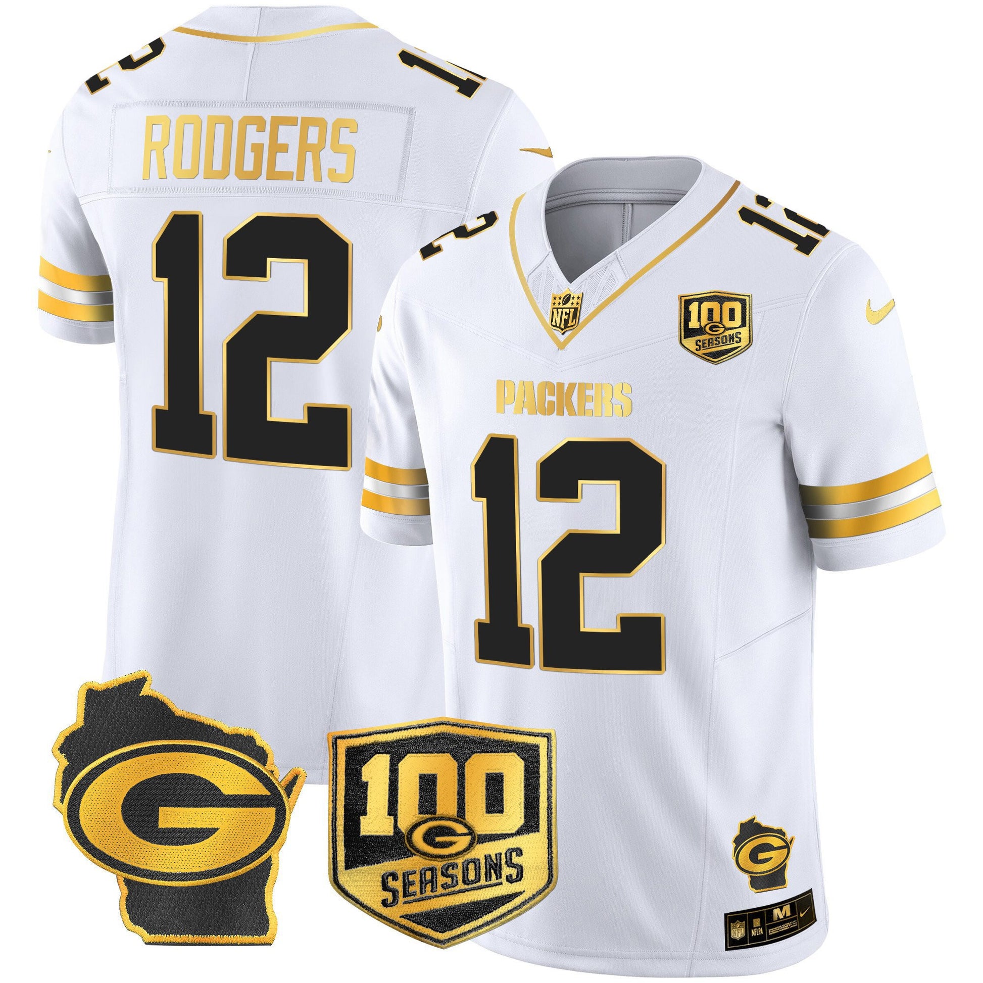 Men's Green Bay Packers 100th Season & Home Patch Gold Vapor Limited Jersey – All Stitched