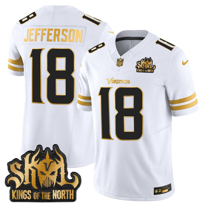 Men's Minnesota Vikings 2025 Gold Vapor Limited Jersey - Kings Of The North Patch - All Stitched