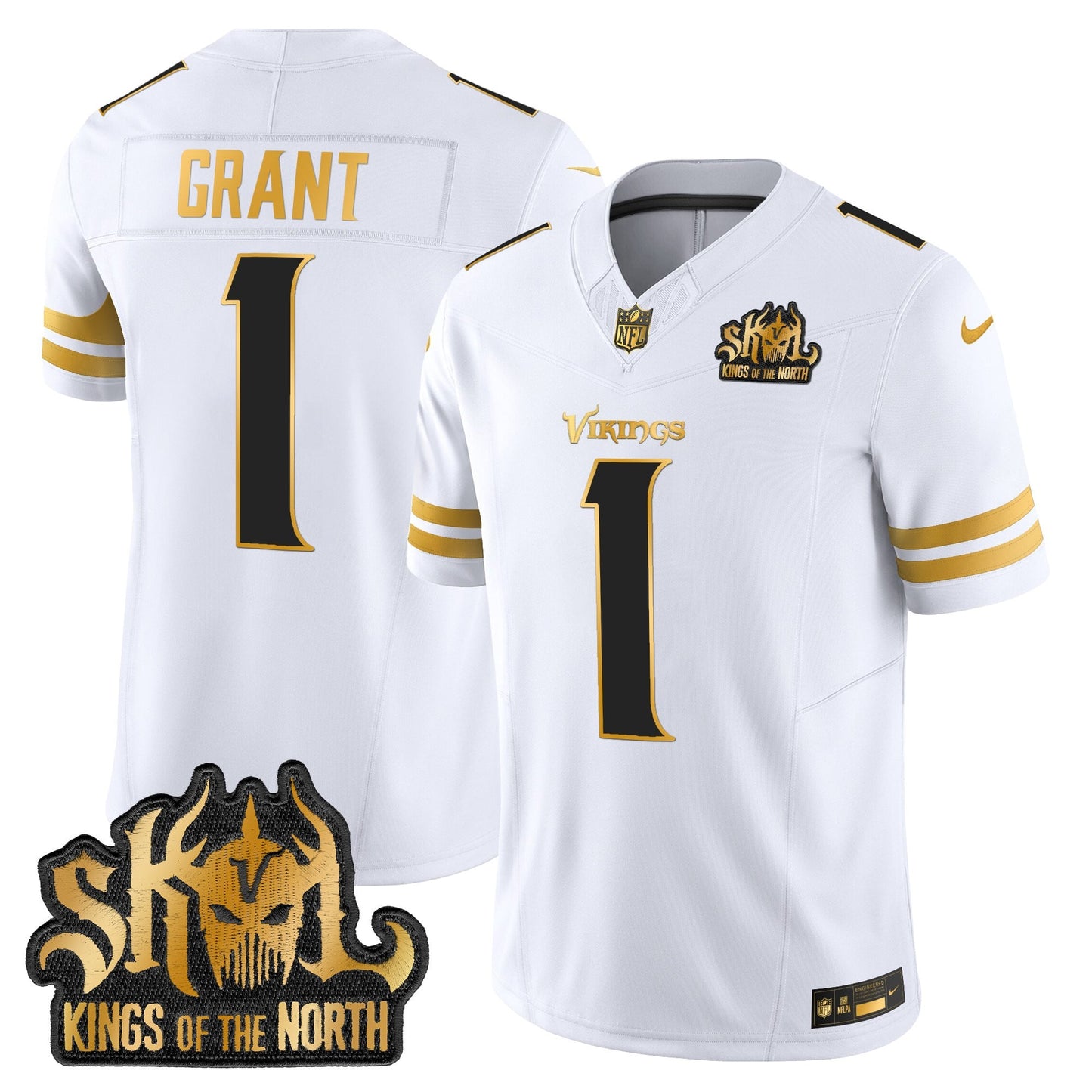 Men's Minnesota Vikings 2025 Gold Vapor Limited Jersey - Kings Of The North Patch - All Stitched