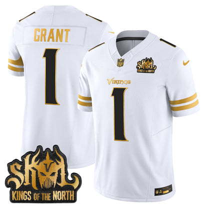 Men's Minnesota Vikings 2025 Gold Vapor Limited Jersey - Kings Of The North Patch - All Stitched
