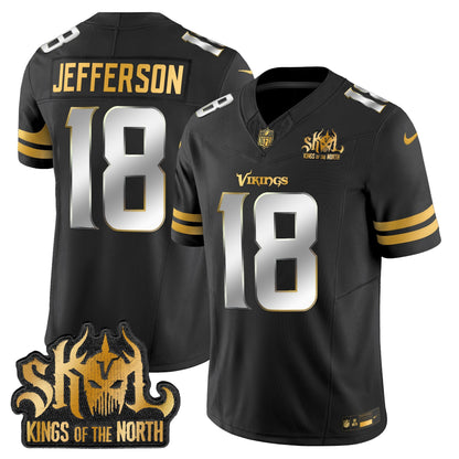Men's Minnesota Vikings 2025 Gold Vapor Limited Jersey - Kings Of The North Patch - All Stitched