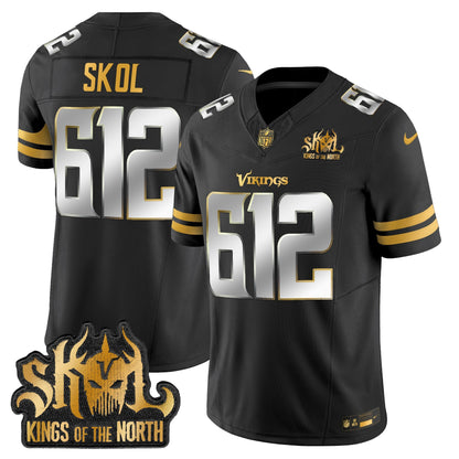 Men's Minnesota Vikings 2025 Gold Vapor Limited Jersey - Kings Of The North Patch - All Stitched